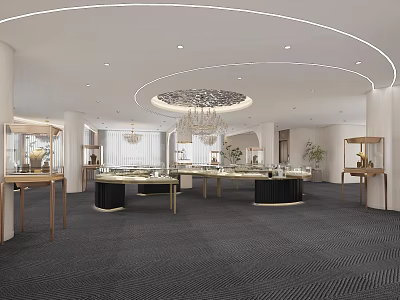 Luxurious Jewelry Store Interior Design With Glass Display Cases Chandelier And Decorative Plants 3d model