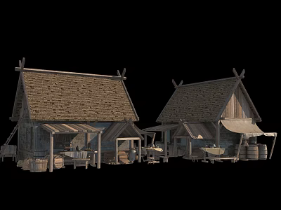 Traditional Rural Thatched Roof Cottages With Wooden Barrels And Outdoor Tables 3d model