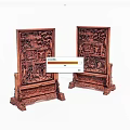 Pair of Traditional Wooden Carved Screens with Intricate Patterns on Ornate Stands
