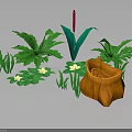 Various Green Plants With Different Leaf Shapes White Small Flowers And Orange Woven Basket