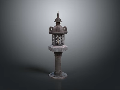 Vintage Traditional Outdoor Lantern With Stone Pillar And Grid Shade Design 3d model