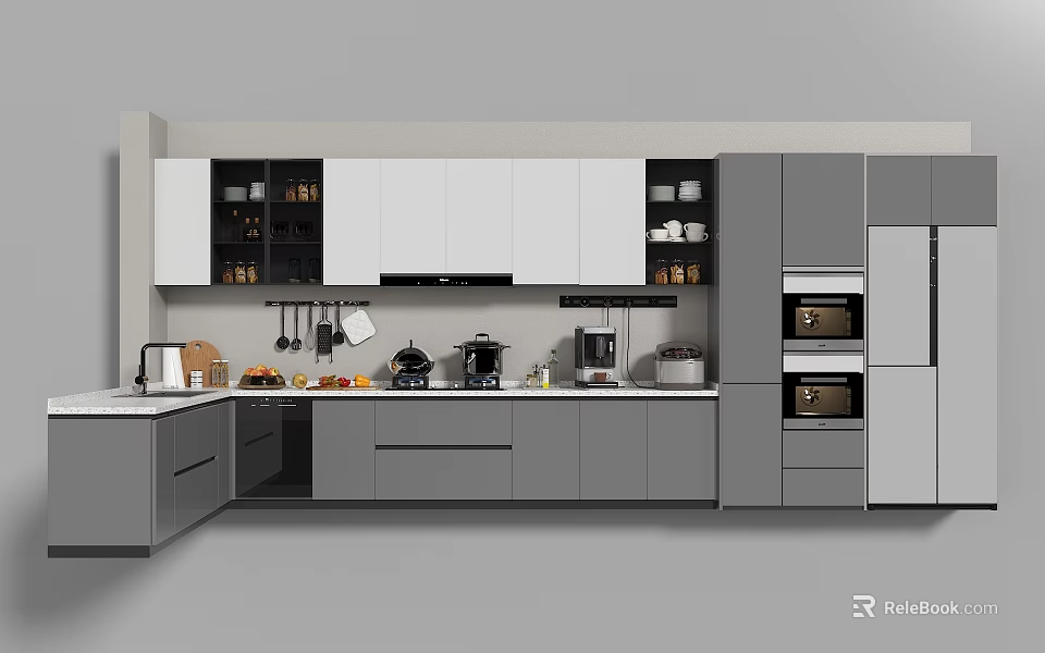Modern Kitchen Interior With Gray And White Cabinets Appliances Countertop And Kitchenware 3d model 