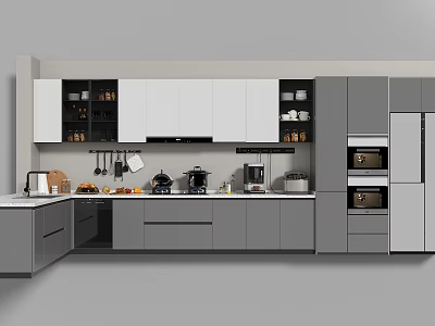 Modern Kitchen Interior With Gray And White Cabinets Appliances Countertop And Kitchenware 3d model
