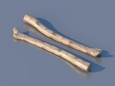 Two Long Natural Wooden Sticks With Rough Textured Surface On Gray Background 3d model