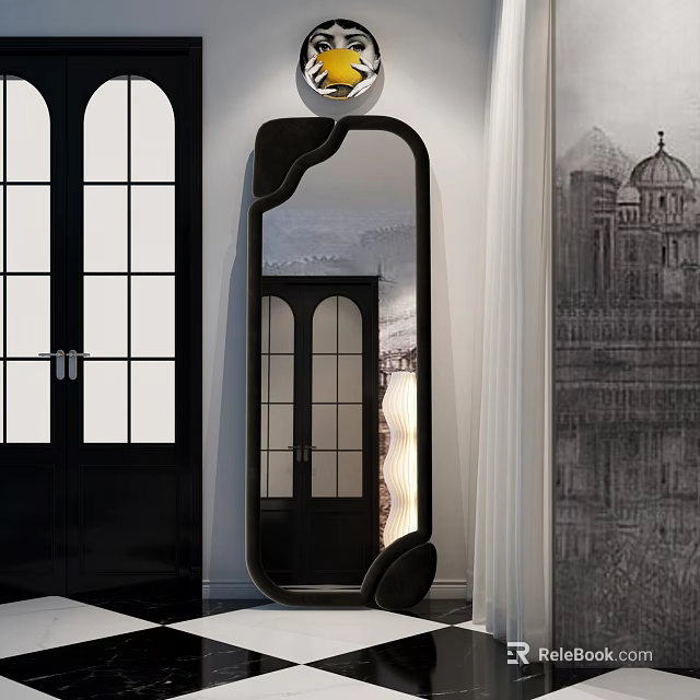 Unique Shaped Black Decorative Mirror In Interior With Black Door And Wall Art 3d model 