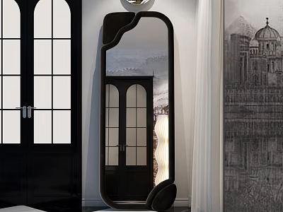 Unique Shaped Black Decorative Mirror In Interior With Black Door And Wall Art 3d model