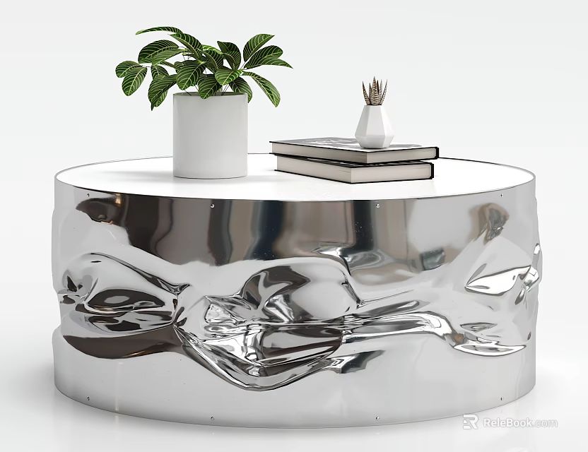 Silver Crinkled Coffee Table With White Planter Green Plant Vase and Two Books 3d model 