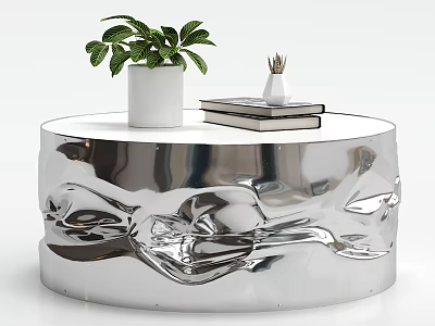 Silver Crinkled Coffee Table With White Planter Green Plant Vase and Two Books 3d model