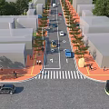 Urban Road Facilities Featuring Traffic Lanes Crosswalk Pedestrians Vehicles Street Trees And Buildings