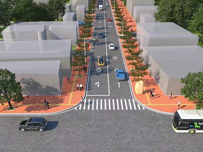 Urban Road Facilities Featuring Traffic Lanes Crosswalk Pedestrians Vehicles Street Trees And Buildings 3d model