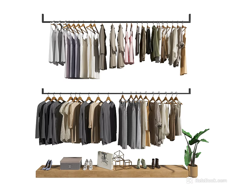 Stylish Hanging Clothes on Racks with Wooden Shelf Shoes Decorations and Potted Plant 3d model 
