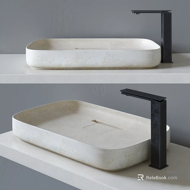 Minimalist Modern Rectangular Stone Washbasin With Black Faucet On White Countertop 3d model 