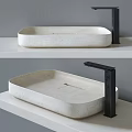 Minimalist Modern Rectangular Stone Washbasin With Black Faucet On White Countertop