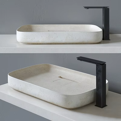 Minimalist Modern Rectangular Stone Washbasin With Black Faucet On White Countertop 3d model