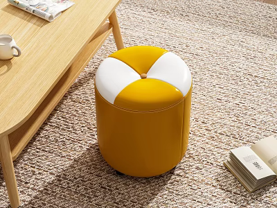Yellow and White Round Leather Ottoman in Living Room with Coffee Table and Books 3d model