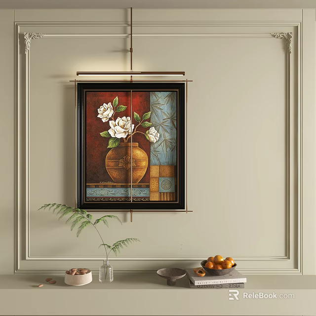 Framed Abstract Painting With White Flowers In Vase On Beige Wall Interior 3d model 