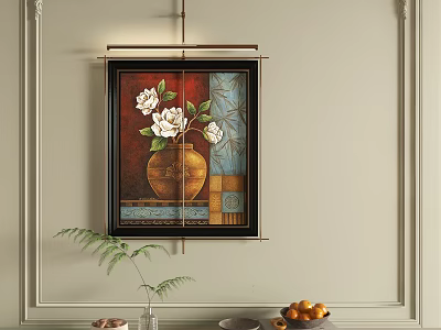 Framed Abstract Painting With White Flowers In Vase On Beige Wall Interior 3d model
