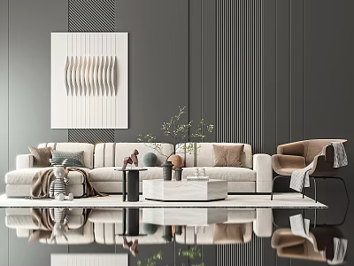Modern Living Room Sofa Coffee Table Set With Accent Chair And Wall Art 3d model