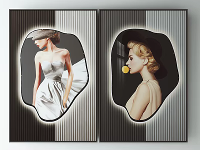 Two Fashionable Women Portrait Paintings With Striped Background And Decorative Frames 3d model