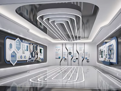 Futuristic Exhibition Hall Interior With Illuminated Lighting Geometric Wall Displays and Sleek Reflective Floor 3d model