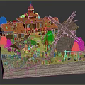 Cartoon Scene with red roofed houses windmill small pavilion green trees and grassland