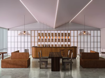 Modern Café Interior With Wooden Bar Counter Cozy Seating And Warm Lighting Fixtures 3d model