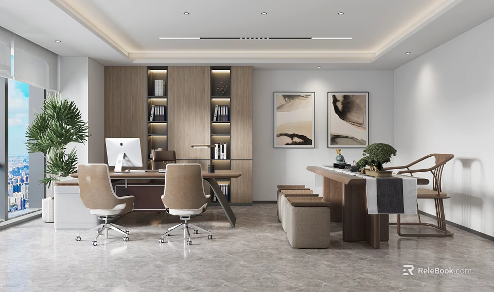 Modern Office Interior with Wooden Bookshelves Books Desk Computer Office Chairs Green Plant and Paintings 3d model 