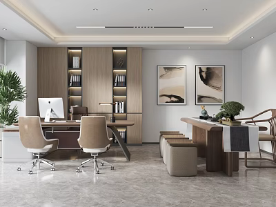 Modern Office Interior with Wooden Bookshelves Books Desk Computer Office Chairs Green Plant and Paintings 3d model