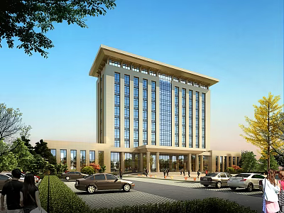 Modern Office Building With Glass Curtain Wall Greenery Parking Area And Pedestrians 3d model