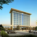 Modern Office Building With Glass Curtain Wall Greenery Parking Area And Pedestrians