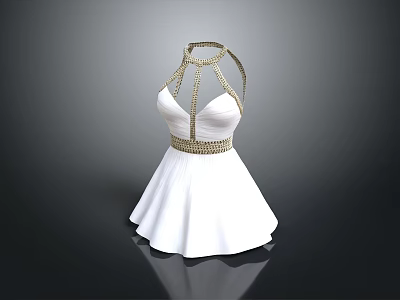 White Halter Neck Dress Featuring Gold Embellishments On Neckline And Waist 3d model