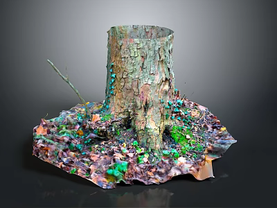 Natural Wooden Stump Decorated With Stone Accents Colorful Leaves Moss And Branches 3d model