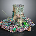 Natural Wooden Stump Decorated With Stone Accents Colorful Leaves Moss And Branches