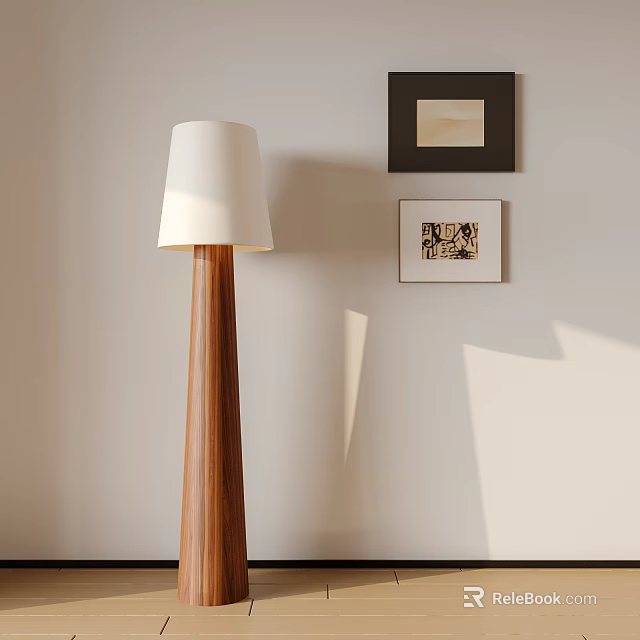 Stylish Floor Lamp Featuring White Lampshade Wooden Pole And Wall Art On Light Colored Wall 3d model 