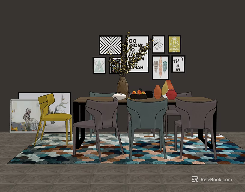 Modern Dining Table Set With Colorful Chairs Decorative Wall Art And Patterned Rug 3d model