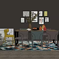 Modern Dining Table Set With Colorful Chairs Decorative Wall Art And Patterned Rug 3d model