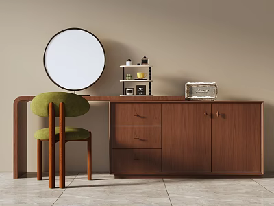 Modern Wooden Dressing Table With Brown Cabinet Drawers Green Chair And Round Mirror 3d model