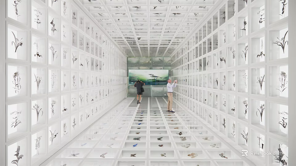 Cultural Center Interior With Numerous Display Cases Exhibits And Visitors 3d model 