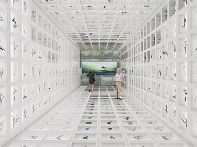 Cultural Center Interior With Numerous Display Cases Exhibits And Visitors 3d model