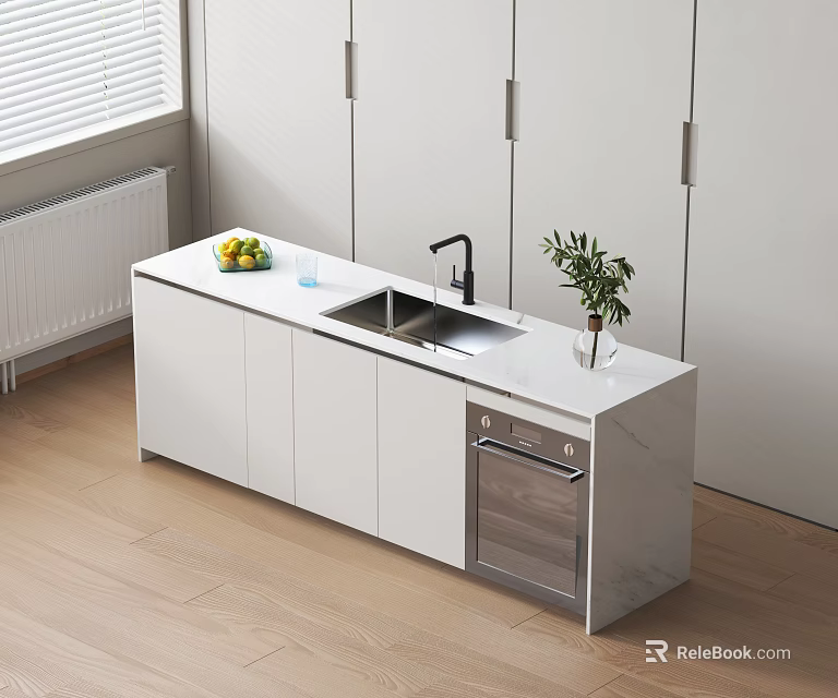 Modern Kitchen Cabinets With Marble Countertop Sink Faucet Fresh Fruits And Green Plant 3d model 