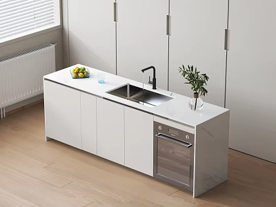 Modern Kitchen Cabinets With Marble Countertop Sink Faucet Fresh Fruits And Green Plant 3d model