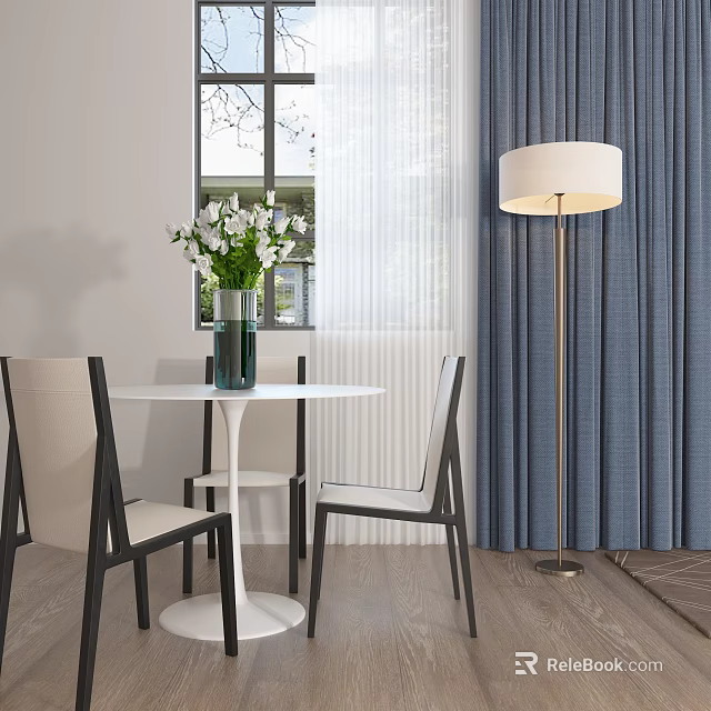 Modern Dining Table Set with White Round Table Beige Black Chairs and Floor Lamp 3d model