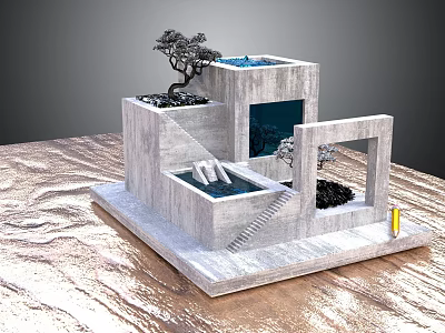 Bonsai Trees in Modern Concrete Structure with Small Pools and Staircase 3d model