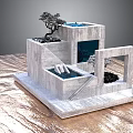 Bonsai Trees in Modern Concrete Structure with Small Pools and Staircase