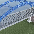Blue Arch Bridge with Steel Structure and Vehicles Over Water Surface Supported by Piers