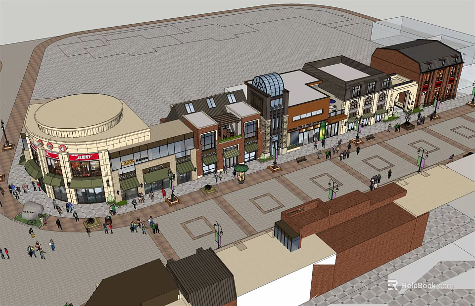 Vibrant Commercial Street Featuring Diverse Architectural Styles Plaza Shops And Pedestrians 3d model 