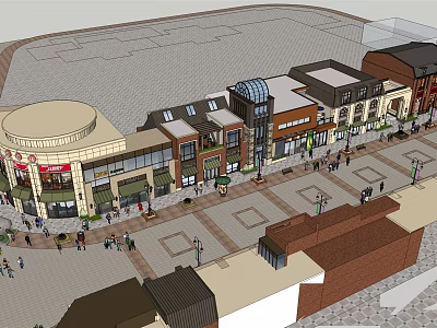 Vibrant Commercial Street Featuring Diverse Architectural Styles Plaza Shops And Pedestrians 3d model