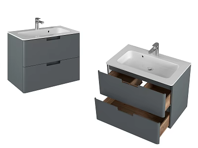 Gray Bathroom Vanity With White Sink Open Drawers And Chrome Faucet 3d model