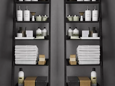 Black Bathroom Shelving Unit with Multi Tiers Towels and Bathroom Essentials 3d model