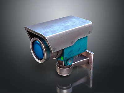 Silver Metallic Security Camera With Blue Lens And Mounting Bracket 3d model